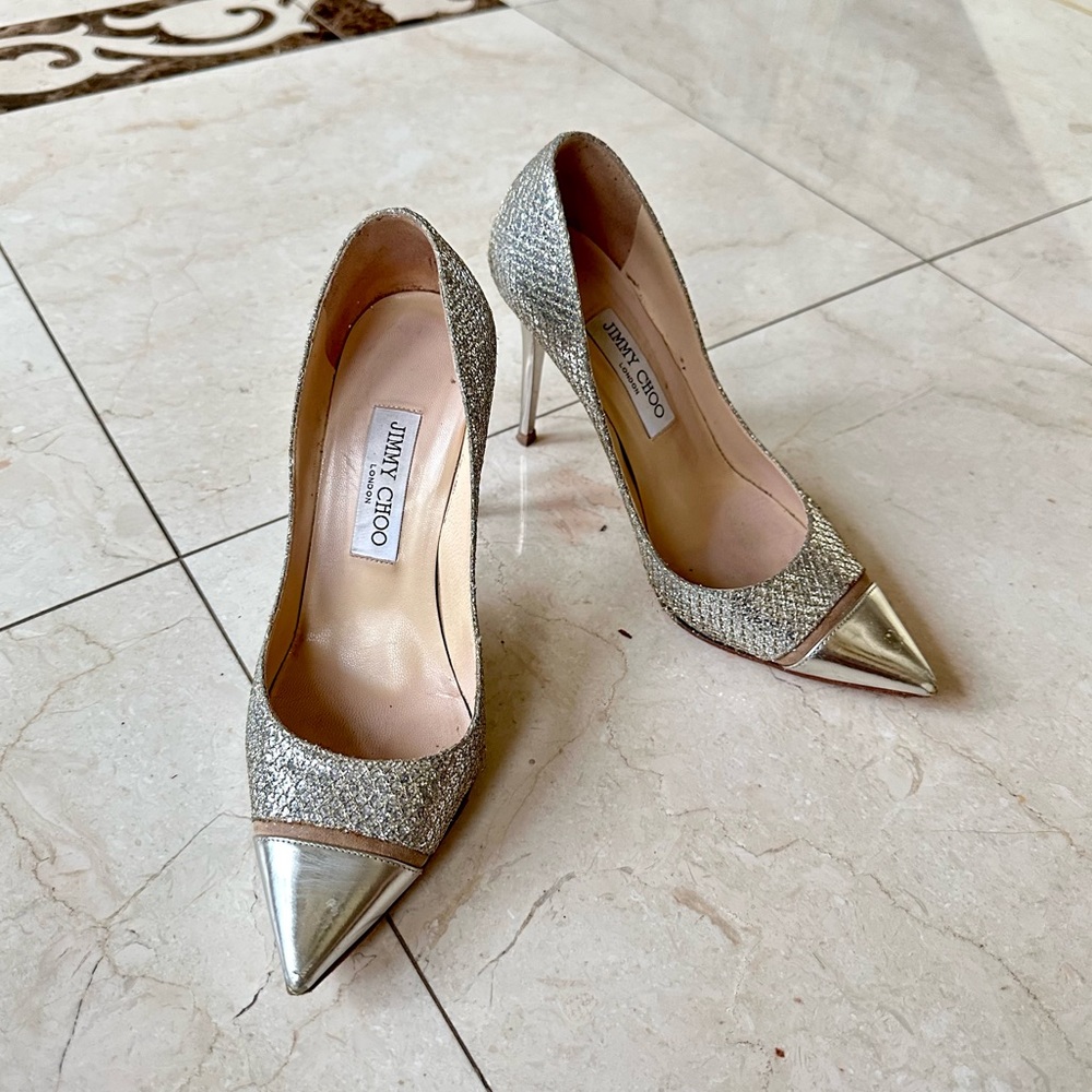 Jimmy Choo Silver Champagne Love 100 Pumps Heels 37.5